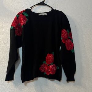 Sandra Roth Black Sweater with Red Floral Design